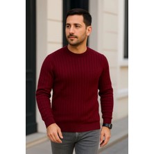Asmedo Erkek Bisiklet Yaka Triko Kazak Pamuklu Kalın Fitilli Dokuma Regular Fit - Bordo