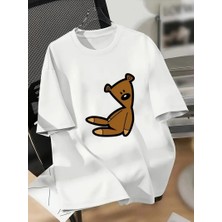 Asmedo Kadın Tişört Bisiklet Yaka Ayı Baskılı Yazlık Kısa Kol T-Shirt - Beyaz