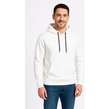 Asmedo Erkek 3 Iplik Pamuklu Kapüşonlu Kanguru Cepli Sweatshirt Hoodie - Beyaz