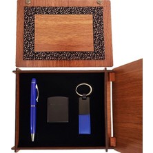 Pileli Store Ahşap Kutulu Mavi Kalem Anahtarlık ve Çakmak Set