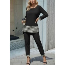 Kadın Uzun Kollu Yuvarlak Yakalı Kaz Ayağı Detaylı Viskon Iki Iplik Bluz ve Pantolon Ikili Takım