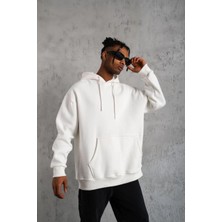 Asmedo Erkek 3 Iplik Pamuklu Kapüşonlu Kanguru Cepli Sweatshirt Hoodie - Beyaz