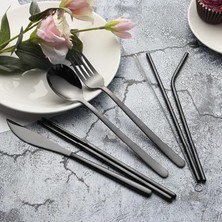 Cekar Store 8 Parça Çantalı Yolculuk Çatal Bıçak Kaşık Pipet Chopstick Seti Kamp Okul Ofis Tatil Paslanmaz Çelik Siyah