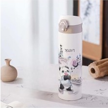 Cekar Store Diller 480ML Sevimli Hayvanlar Desenli Pipetli Kilitlenebilir Kapak Paslanmaz Çelik Termos (Panda)