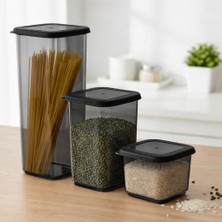 Veloxa 3'lü Kare Erzak Saklama Kabı Seti - Füme Antrasit Hava Almaz Mutfak Düzenleyici Bakliyat Kabı Beyaz