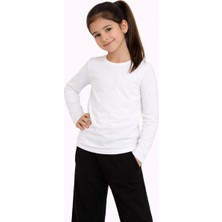 Asmedo Kız Çocuk Basic Uzun Kollu Tişört Okul Günlük Rahat T-Shirt - Beyaz