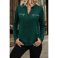 Kadın Uzun Kollu V Hakim Yaka Fermuar Detaylı Viskon Bluz