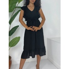 Moda Morfo Omuzu Fırfırlı Beli Lastikli Sıfır Kol Midi Boy Ayrobin Elbise -Siyah