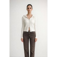 Iperia Fermuarlı Kapüşonlu Triko Hırka Ekru