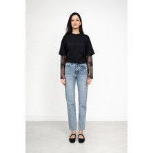 Iperia %100 Pamuk Kol Dantel Detaylı Modal Kumaş T-Shirt Siyah