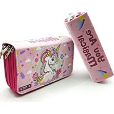 Cekar Store Kalem Kutusu Unicorn Bahar Temalı Kawai Organizer Kalemkutu Vegan Deri Üç Bölmeli Kalemlik- Pembe