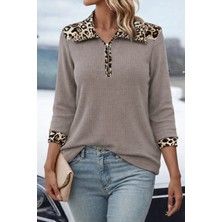 Kadın Uzun Kollu Leopar Yakalı Fermuarlı Waffle Bluz