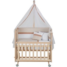 Babycom 50X90 Naturel Boyasız 4 Kademeli Tekerlekli Beşik + Kahve Zikzak Uyku Seti
