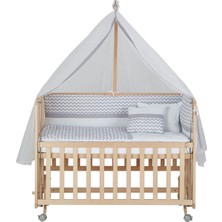 Babycom 70X130 Naturel Boyasız 4 Kademeli Tekerlekli Beşik + Gri Zikzak Uyku Seti