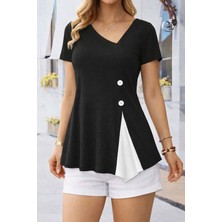 Cotton Lab Cottonlab Kadın Kısa Kollu Asimetrik V Yakalı Düğme Detaylı Viskon Bluz
