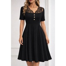 Cotton Lab Cottonlab Kadın Kısa Kollu Dantel V Yakalı Düğmeli Kısa Janjan Krep Elbise