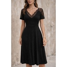 Cotton Lab Cottonlab Kadın Kısa Kollu V Dantel Yakalı Midi Viskon Elbise