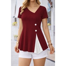 Deridün Yıldız Shoes Kadın Kısa Kollu Asimetrik V Yakalı Düğme Detaylı Viskon Bluz