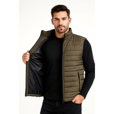 Erkek Şişme Fermuarlı Yelek Su Itici Kapitone Astarlı Kumaş Cepli Hafif Kışlık Spor Rahat Kalıp - Haki