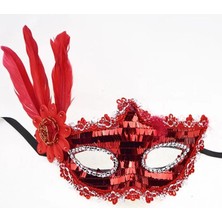 Renas Store Kırmızı Payetli Pullu Kırmızı Renk Yandan Tüylü Parti Maskesi 18X22 cm