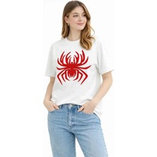 Livizmir Moda Örümcek Baskılı Tişört Kısa Kollu Bisiklet Yaka T-Shirt - Beyaz
