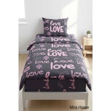 Mira Home Love Yazılı Pamuklu Lastikli Çarşaflı Tek Kişilik Nevresim Takımı (100X200 Cm)
