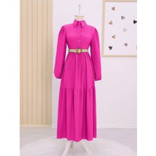 Moda Morfo Parçalı Yarım Düğmeli Kemerli Krinkıl Elbise   -Fuşya