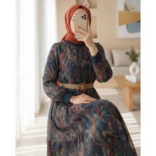 Moda Morfo Etnik Desen Eteği Parçalı Astarlı Şifon Elbise -Zümrüt