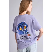 DeFacto %100 Pamuk Kpop - Demon Hunters Oversize Bisiklet Yaka Baskılı Kısa Kollu Tişört H7292AX26SM