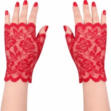 Renas Store Kırmızı Dantel Parmaksız Kısa Eldiven