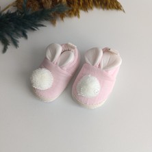 Leoncino Kız Bebek Tavşan Figürlü Ponponlu Müslin Patik Ayakkabı Yanları Lastikli