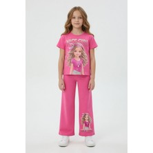 Cansın Mini Pembe Kız Karakter Baskılı Geniş Paça Pantolonlu 2li Kız Çocuk Takım 23801