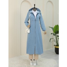 Moda Morfo Yan Cepli Kolu Lastikli Kapşonlu Kot Kap -Açık Mavi