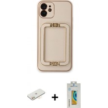 Marsilyan™- iPhone 12 Kılıf Kozmos Minimal Prime - Siyah Polymer Nano Ekran Koruyucu + Sarı Renkli Kamera Lens Koruma Cam