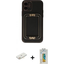 Marsilyan™- iPhone 12 Kılıf Kozmos Minimal Prime - Siyah Polymer Nano Ekran Koruyucu + Sarı Renkli Kamera Lens Koruma Cam