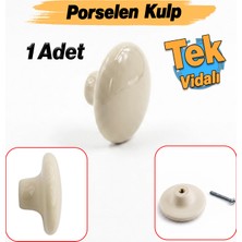 Badem10 (1 Adet) Porselen Yuvarlak Düz Krem Renk Mobilya Mutfak Gardrop Dolabı Kapak Kulpu Çekmece Kulbu