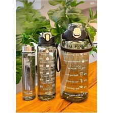 Cekar Store Siyah 3,5 L 3 Lü Set Şeffaf Motivasyonlu Su Matarası Şişesi Suluk 2LT+900ML+600ML Tritan Su Şişesi