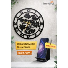 Madam Gold Dekoratif Gül Detaylı Sessiz Siyah Metal Duvar Saati 47X47CM Metal Telefon Tutacağı Hediyeli