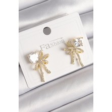 Almira Butik Mey Ithalat® Pirinç Gold Renk Zirkon Taşlı Kurdele Model Kadın Küpe