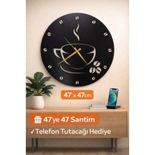 Madam Gold Dekoratif Kahve Detaylı Sessiz Siyah Metal Duvar Saati 47X47CM Metal Telefon Tutacağı Hediyeli