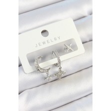 Almira Butik Mey Ithalat® Pirinç Zirkon Taşlı Çiçek ve Ay Model Gümüş Renk 3'lü Çift Kadın Küpe Set