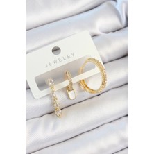 Almira Butik Mey Ithalat® Pirinç Zirkon Taşlı Sallantılı Model Gold Renk 3'lü Çift Kadın Küpe Set
