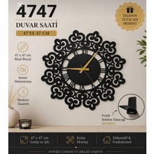 Madam Gold Dekoratif Sessiz Siyah Metal Duvar Saati 47X47CM Metal Telefon Tutacağı Hediyeli