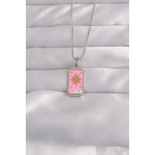 Almira Butik Mey Ithalat® 316L Çelik Gümüş Renk Pembe Mineli Güneş Model Tarot Kolye