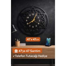 Madam Gold Dekoratif Sessiz Siyah Metal Duvar Saati 47X47CM Metal Telefon Tutacağı Hediyeli