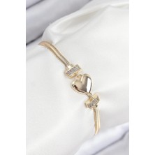Almira Butik Mey Ithalat® Pirinç Zirkon Taşlı Kalp Model Gold Renk Kadın Bileklik