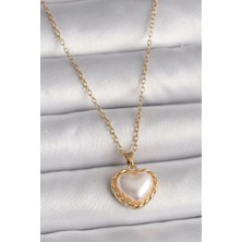 Almira Butik Mey Ithalat® 316L Çelik Gold Renk Zincir 3D Inci Kalp Model Kadın Kolye