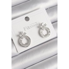 Almira Butik Mey Ithalat® Pirinç Gümüş Renk Zirkon Taşlı Halka Model Çiçek Figür Kadın Küpe
