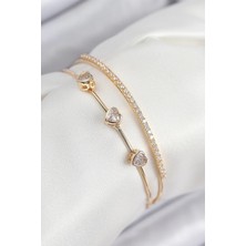 Almira Butik Mey Ithalat® Pirinç Zirkon Taşlı Kalp Model Gold Renk Kadın Bileklik