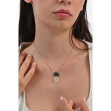 Söğütlü Silver 925 Ayar Gümüş Kolye Rose Kaplama Onix Taşlı Ananas Kolye -  Işıltılı Tropikal Hediye SGTL13315SIYAH